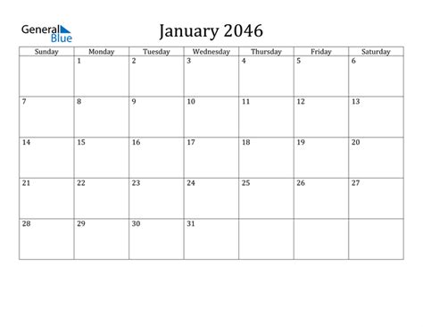 January 2046 Calendar Pdf Word Excel