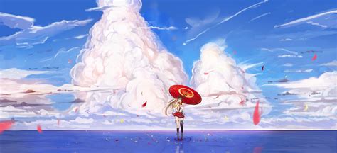 Female Anime Character Under Red Umbrella Illustration Kantai