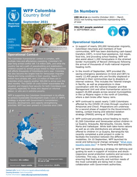 wfp colombia country brief september 2021 colombia reliefweb