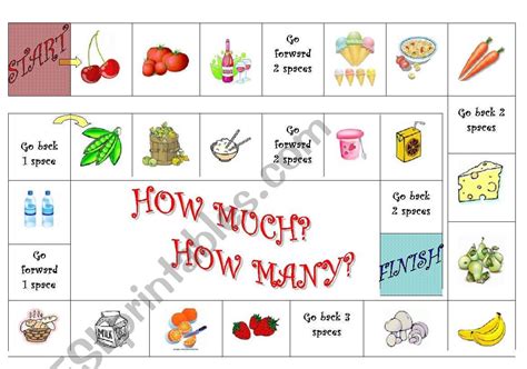 How Much How Many Board Game Some Food And Drinks Esl Worksheet