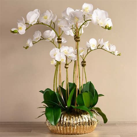 Royal Silk Faux White Orchid Flower Arrangement With Gold Etsy