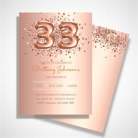 33rd Birthday Invitation Rose Gold Invitation Digital 33rd Birthday
