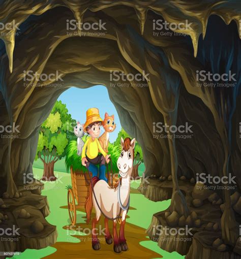 Man Riding Wagon Through The Cave Stock Illustration Download Image