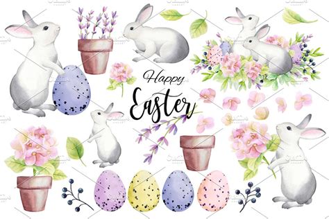 Happy Easter Watercolor Set Custom Designed Illustrations
