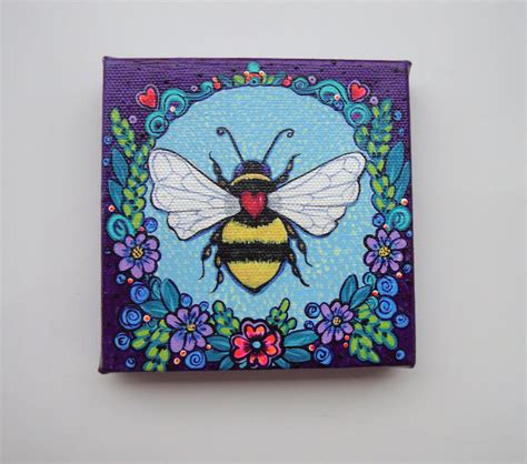 Small Bee Painting On Canvas Nature Art Bumblebee Ts Etsy Bee