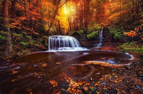 Waterfall In Autumn Forest Rays Colorful Sunlight Fall Beautiful