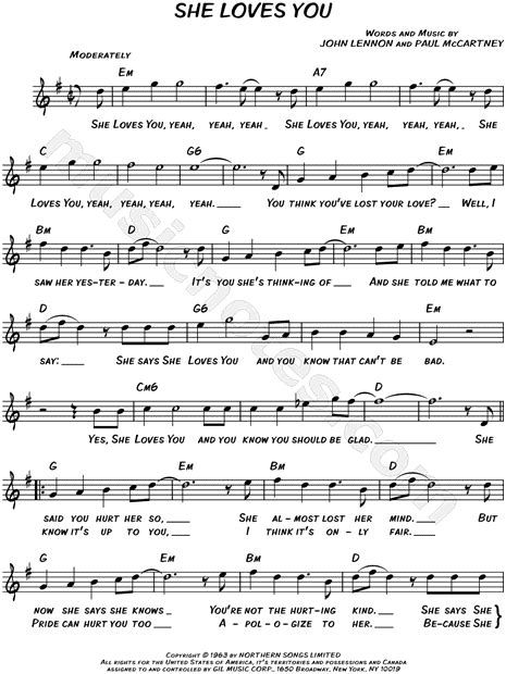 The Beatles She Loves You Sheet Music Leadsheet In G Major Download And Print She Loves