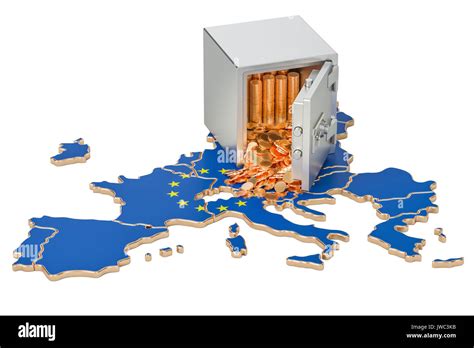 Safe Box With Golden Coins On The Map Of European Union 3d Rendering