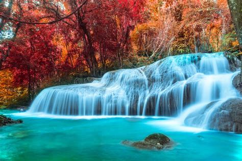 The Amazing Colorful Waterfall In Autumn Forest Blue Water Stock Image