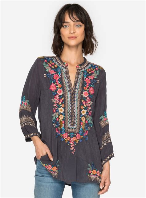 Johnny Was Sima 3 4 Sleeve Embroidered Navy Tunic Blouse Plus Size