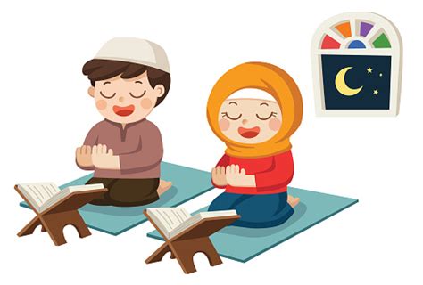 Muslim Kids Reading Quran And Praying In The Room Isolated Vector Stock
