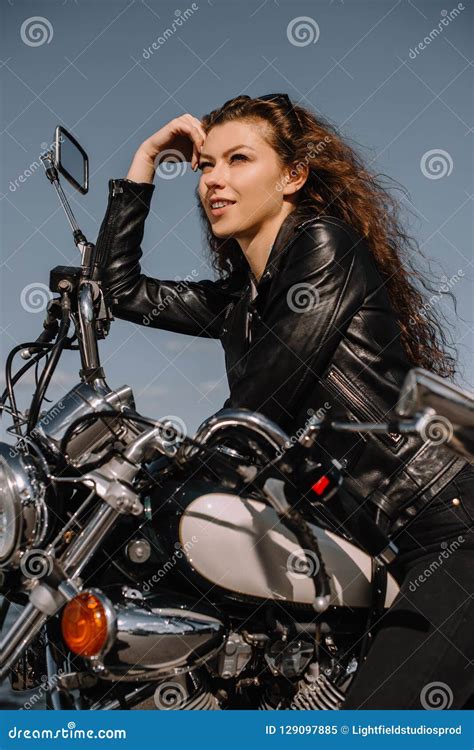 Attractive Female Biker Sitting On Vintage Stock Image Image Of