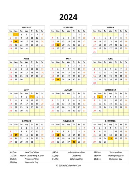 Editable 2024 Calendar With With Holidays