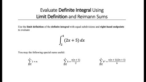 evaluate definite integral using limit definition with riemann sums youtube