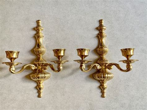 Pair Brass Candle Sconces Vintage Heavy Brass Wall Candelabras