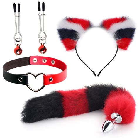Cheap Sex Toys 3 Size Cute Soft Cat Ears Headbands 40cm Fox Tail Bow Metal Butt Anal Plug Erotic