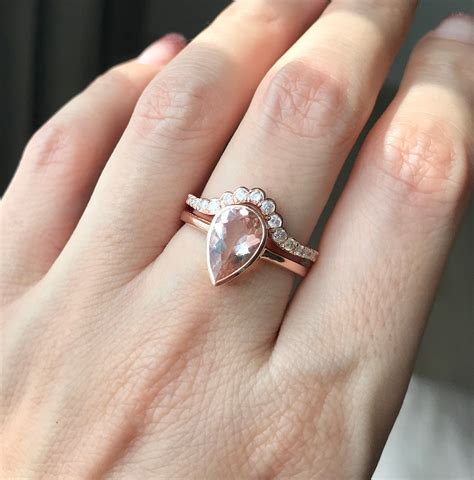 Vintage Genuine Morganite Rose Gold Engagement Ring Set Teardrop