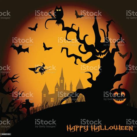 Latar Belakang Malam Halloween Dengan Rumah Berhantu Pohon Labu Dan