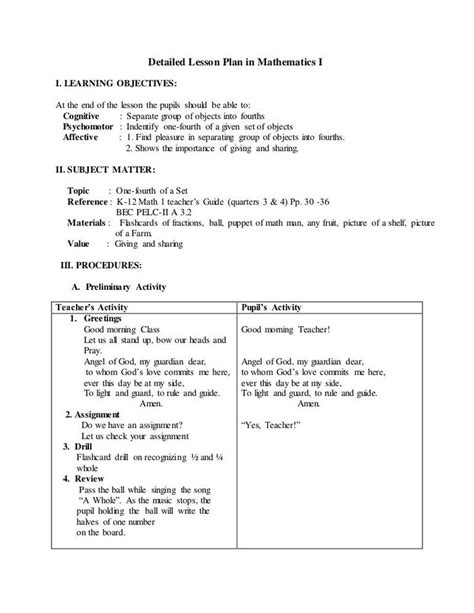 Detailed Lesson Plan In Mathematics I I Learning Objectives At The