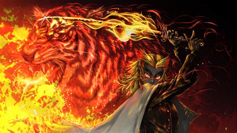 Demon Slayer Tiger Kyojuro Rengoku On Fire Hd Anime Wallpapers Hd Wallpapers Id 40391