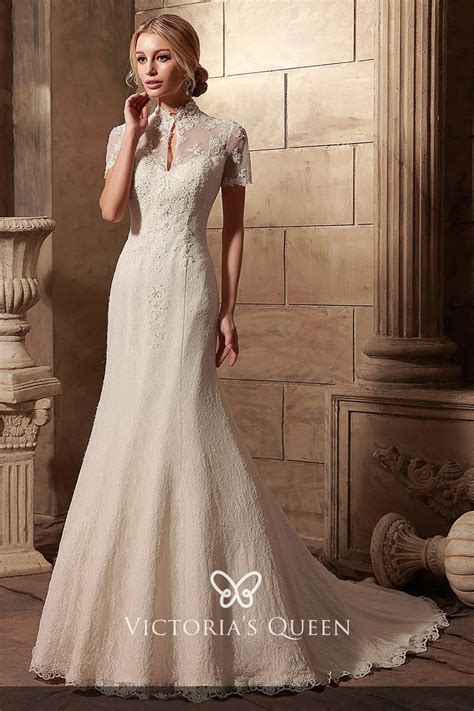 Sweetheart wedding dress with lace open back bodice. Elegant Vintage Inspired High Collar Short Sleeve Mermaid ...