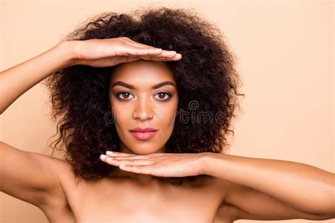 Close Up Photo Beautiful She Her Dark Skin Model Lady Brunette Wavy Hairdo Palms Under Above