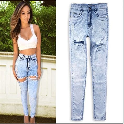 sexy ripped hole jeans women high waist denim pencil pants female stretchy jeans skinny pants
