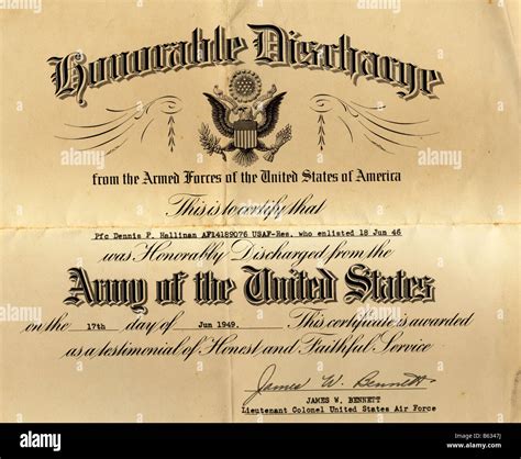 United States Army Honorable Discharge Document Stock Photo Alamy