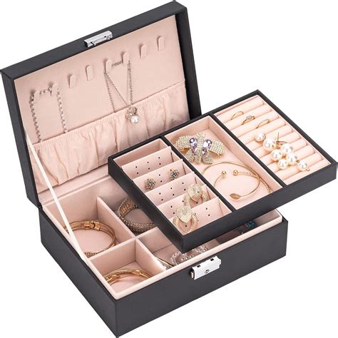 smileshe jewelry box for women girls pu leather jewellery organizer holder with lock 2 layers