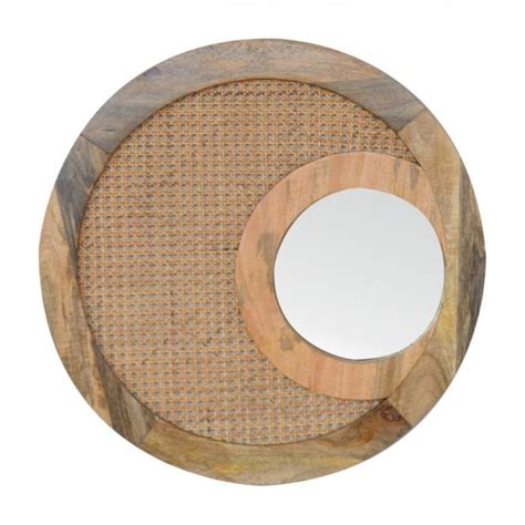 Round Solid Handcrafted Mango Wood And Woven Rattan Wall Mirror