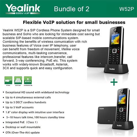 Yealink W52p 2 Pack Sip Cordless Phone Ip Dect Phone Handset And Base