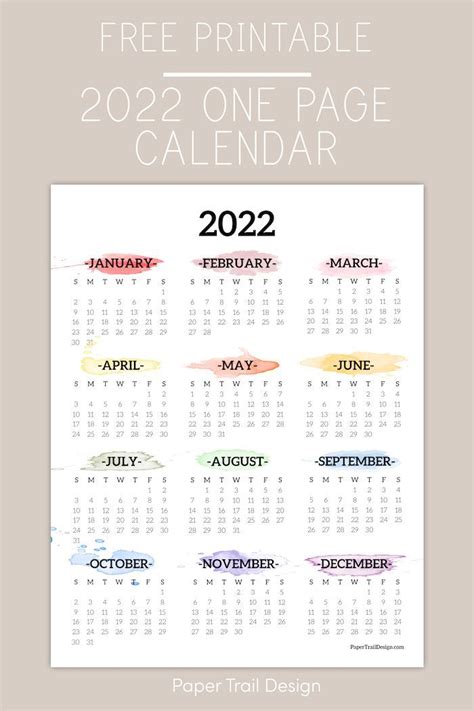 2022 One Page Calendar Printable Watercolor Paper Trail Design In