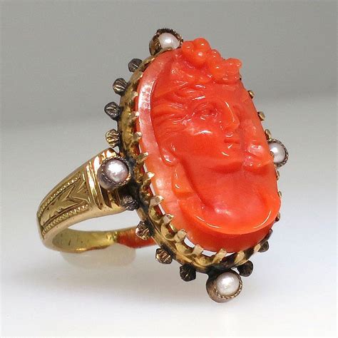Museum Quality Victorian Carved Coral Cameo Ring 14k With Images