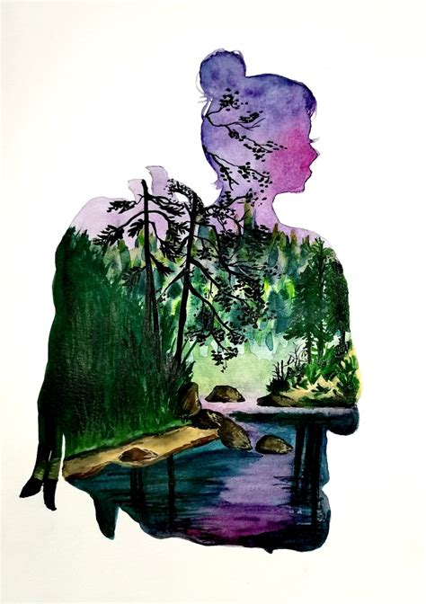 My Project For Course Double Exposure Watercolor Painting Nature