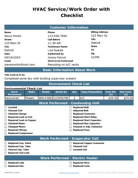 The work order template captures customer and job information and summarizes labor and materials used to complete the jobs. Work Order Forms | GoCanvas