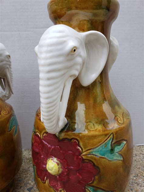 Xlarge Pair Ceramic Elephant Vase With Double Elephant Handle Etsy