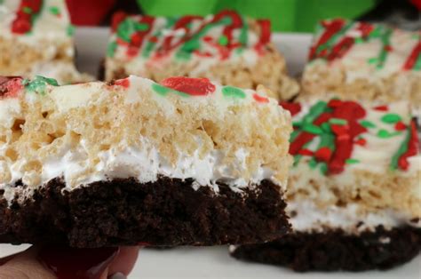 A simple brownie recipe becomes extra special with the addition of green frosting and candy. Christmas Brownie Rice Krispie Treats - Two Sisters