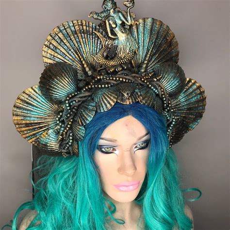 Made To Order Teal Gold Mermaid Queen Siren Goddess Headpiece Etsy