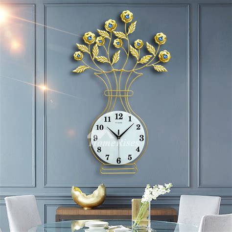 Large Wall Clocks Floral Gold Luminous Decorative Metal Personalized