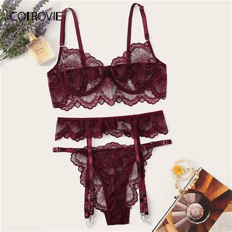 Colrovie Burgundy Floral Lace Garter Sexy Lingerie Set Women Intimates