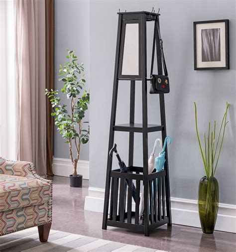 Kendall Black Wood Contemporary Entryway Hall Tree Coat Rack Stand With