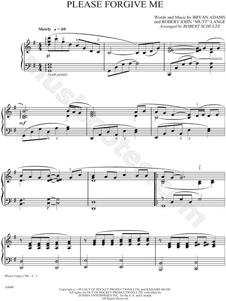 Bryan Adams Please Forgive Me Sheet Music Piano Solo In G Major