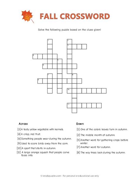 Fall Crossword Puzzle For Kids