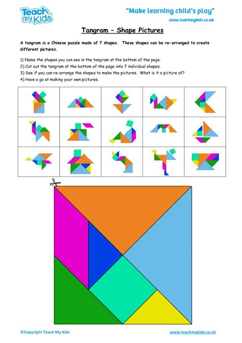 Match the number printed on the picture squares to your answers below and glue them in place to unscramble the mystery picture. Tangram - Shape Pictures - TMK Education