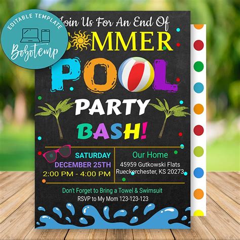 Editable Summer Pool Party Invitations Instant Download Bobotemp