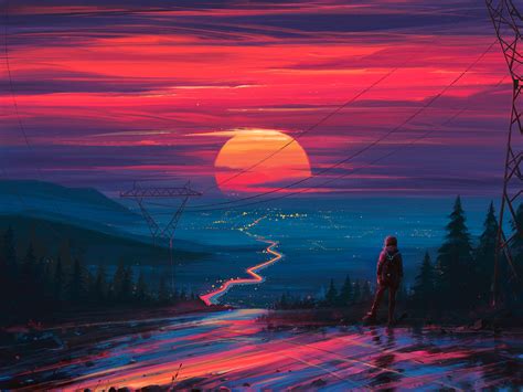 Sunset Over The City Digital Illustration 1440x1080 Art Desktop