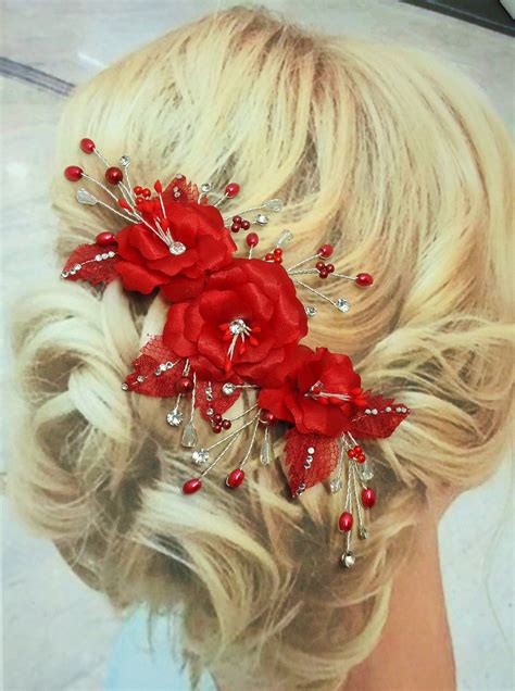 Red Rose Hair Pins Set Of 3 Bridal Hair Flowers J411 Curly Wedding