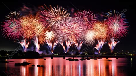 Bright And Colorful Fireworks Light Up The Sky Over Water Background