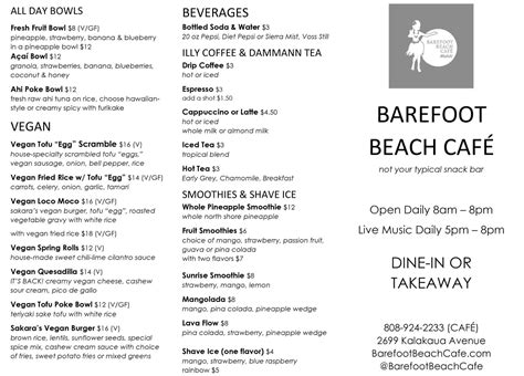 Menu Barefoot Beach Cafe Best Breakfast Food Waikiki Lunch And Dinner