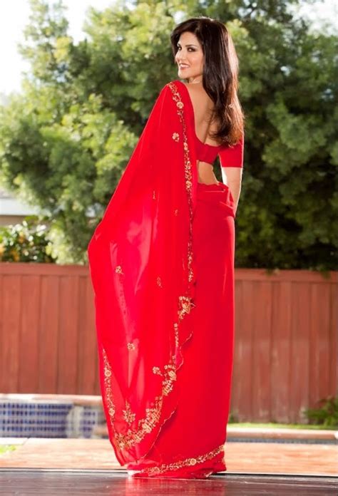 All4i Sunny Leone In Red Saree Spicy Photos